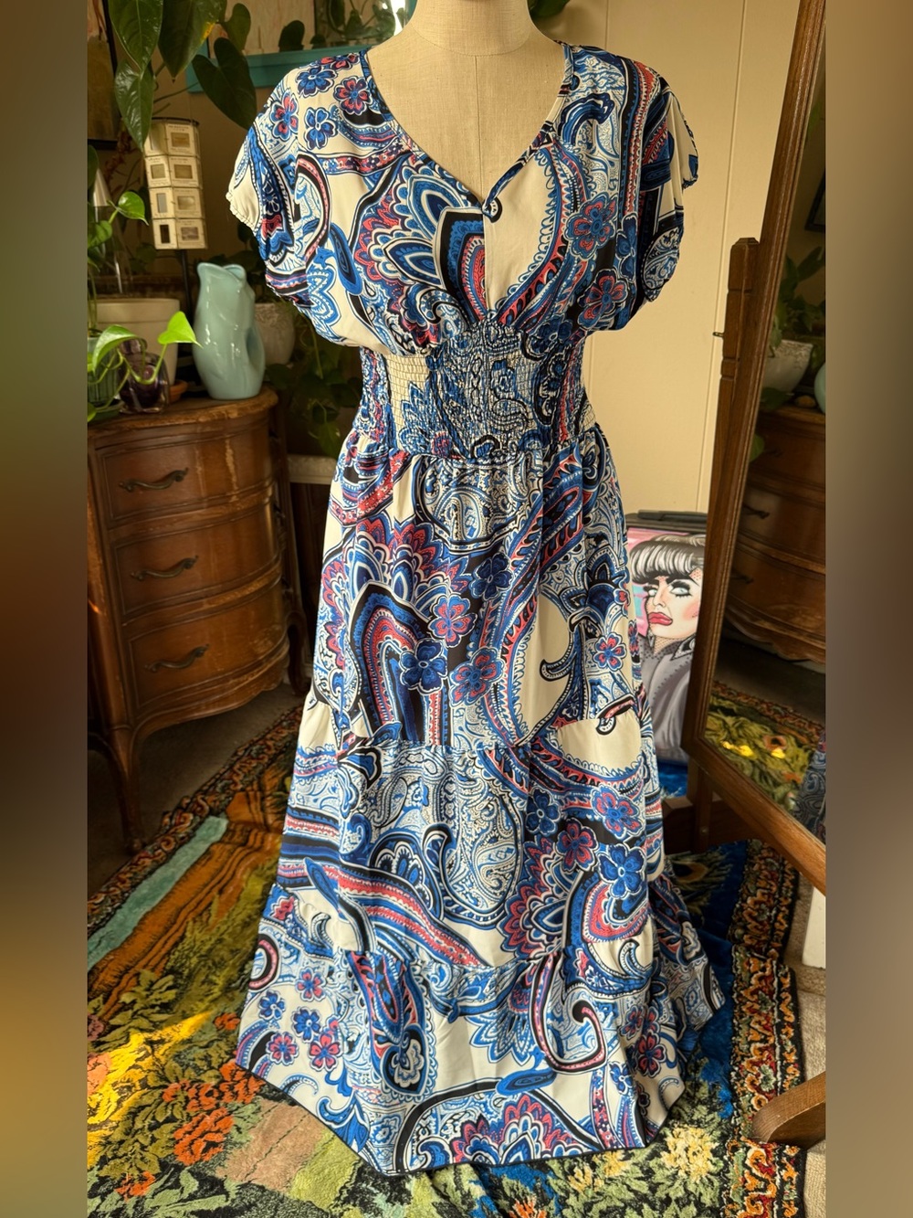 Blue Paisley Smocked Waist Maxi Dress, XXL